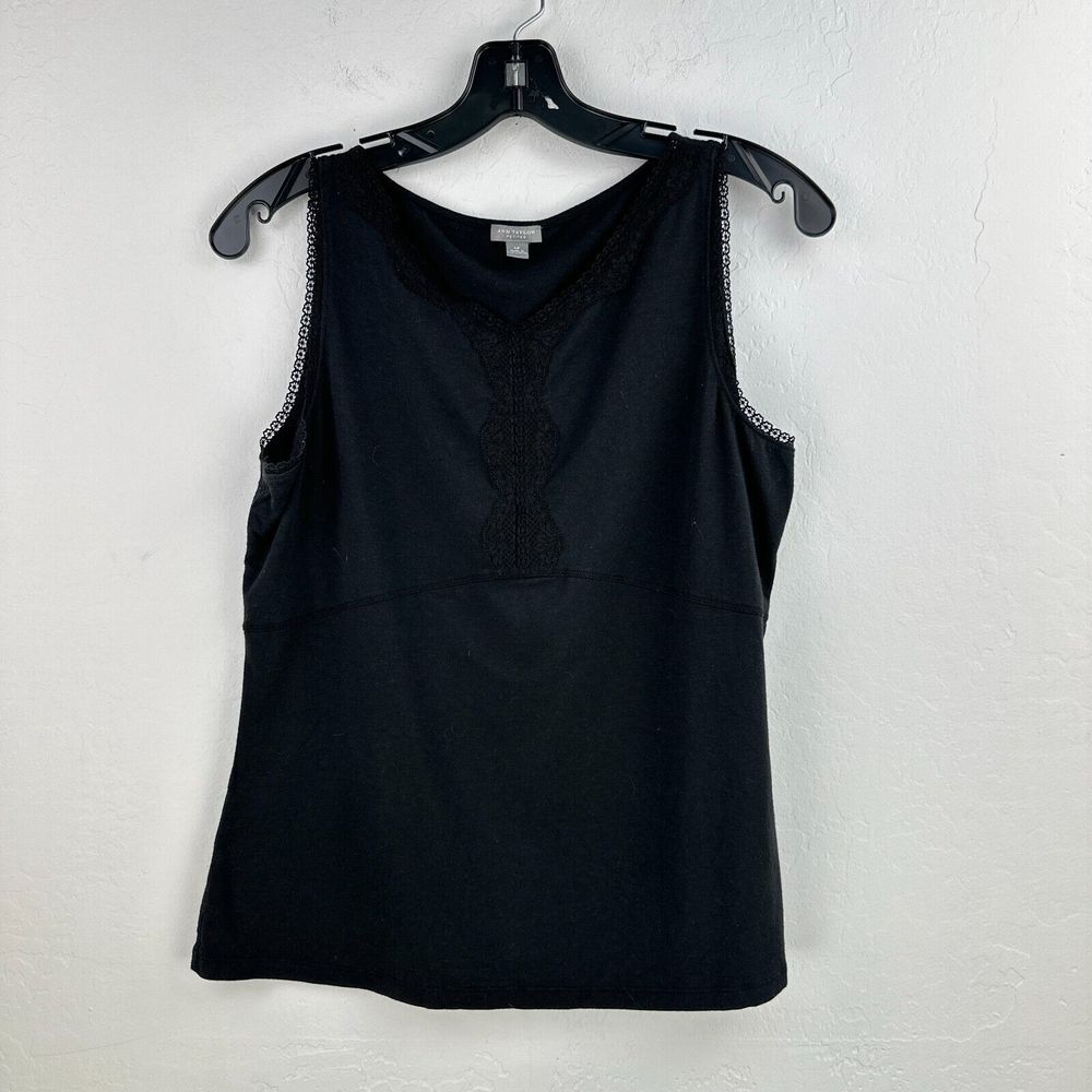 Ann Taylor Top Womens L Petite Black Floral Lace Trim Vneck Stretch Sleeveless